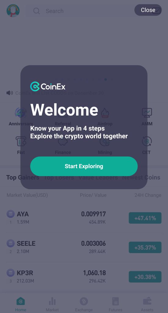 خوش‌آمدگوئی نرم‌افزار CoinEx Mobile پس از افتتاح حساب/ثبت نام coinex mobile